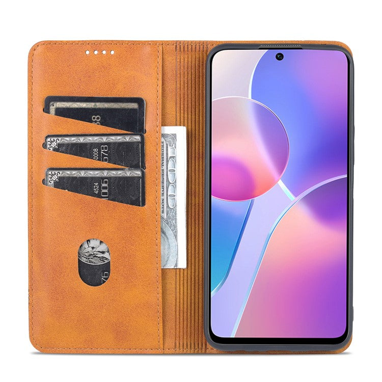 AZNS Magnetic Auto-absorbed Wallet Stand Design PU Leather Shockproof Phone Cover Case for Honor X30i - Brown