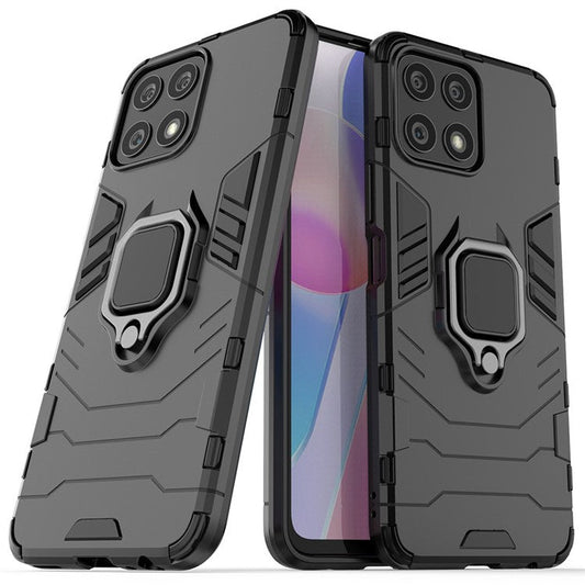 Fingerprint-proof Dual-layer Soft Flexible TPU and Hard PC Shockproof Protective Case with Ring Holder Kickstand for Honor X30i - Black