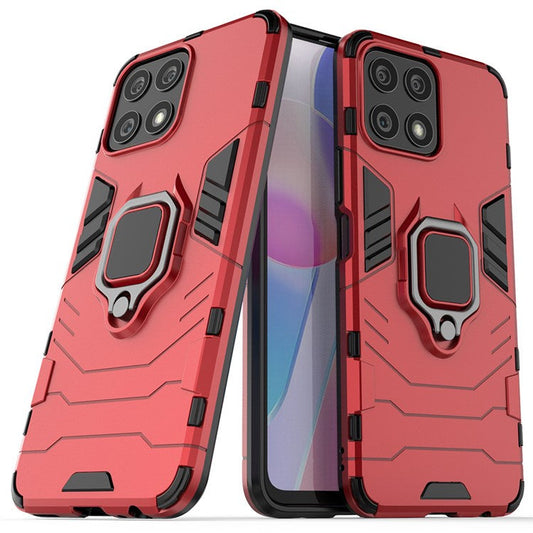 Fingerprint-proof Dual-layer Soft Flexible TPU and Hard PC Shockproof Protective Case with Ring Holder Kickstand for Honor X30i - Red