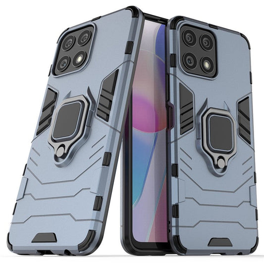 Fingerprint-proof Dual-layer Soft Flexible TPU and Hard PC Shockproof Protective Case with Ring Holder Kickstand for Honor X30i - Dark Blue