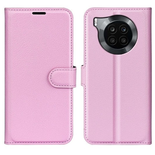 Shockproof PU Leather Coated TPU Mobile Phone Case Litchi Texture Stand Wallet Flip Protective Phone Cover for Huawei nova 8i/Honor 50 Lite - Pink