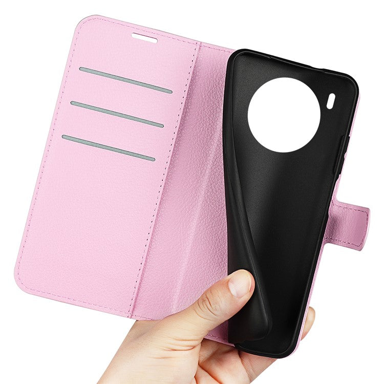 Shockproof PU Leather Coated TPU Mobile Phone Case Litchi Texture Stand Wallet Flip Protective Phone Cover for Huawei nova 8i/Honor 50 Lite - Pink