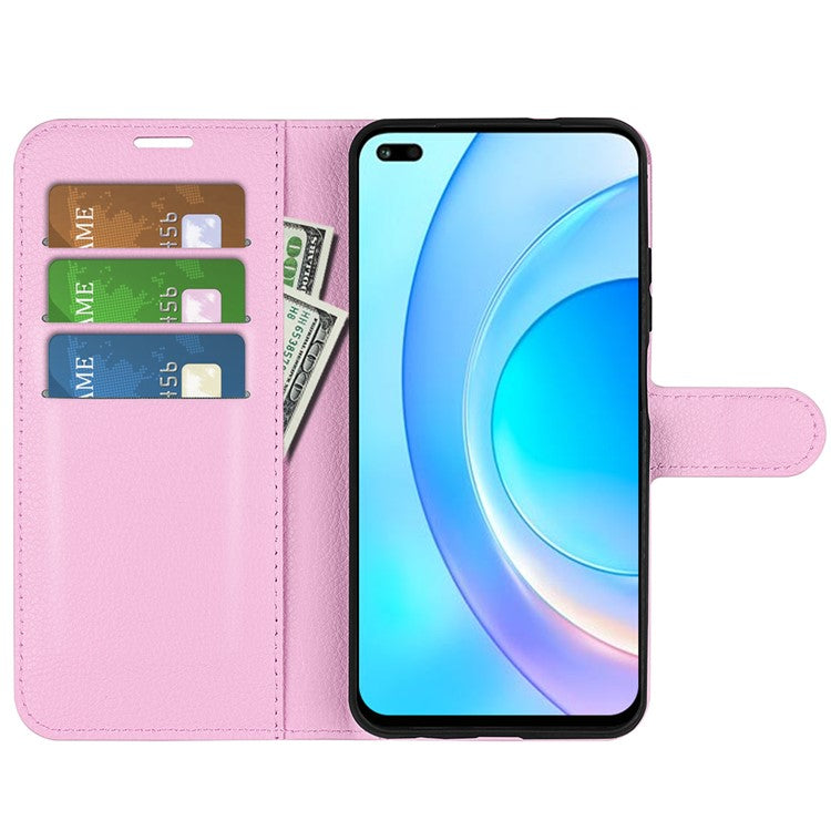 Shockproof PU Leather Coated TPU Mobile Phone Case Litchi Texture Stand Wallet Flip Protective Phone Cover for Huawei nova 8i/Honor 50 Lite - Pink