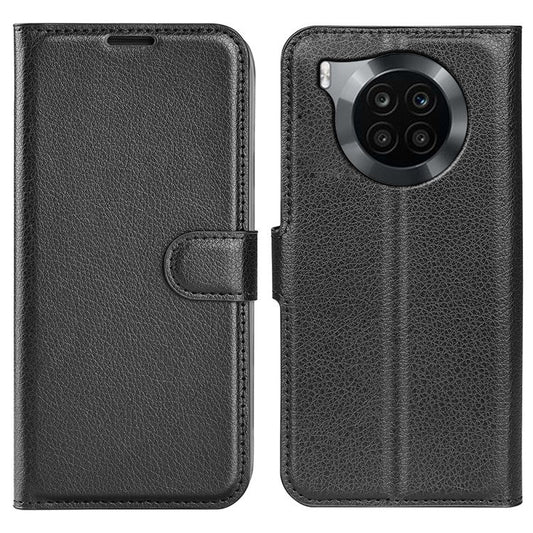 Shockproof PU Leather Coated TPU Mobile Phone Case Litchi Texture Stand Wallet Flip Protective Phone Cover for Huawei nova 8i/Honor 50 Lite - Black