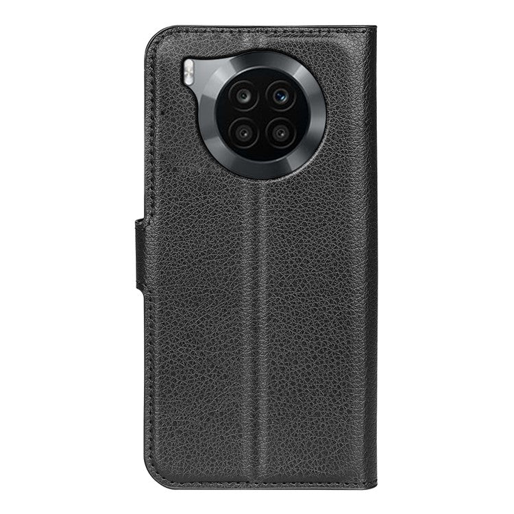Shockproof PU Leather Coated TPU Mobile Phone Case Litchi Texture Stand Wallet Flip Protective Phone Cover for Huawei nova 8i/Honor 50 Lite - Black