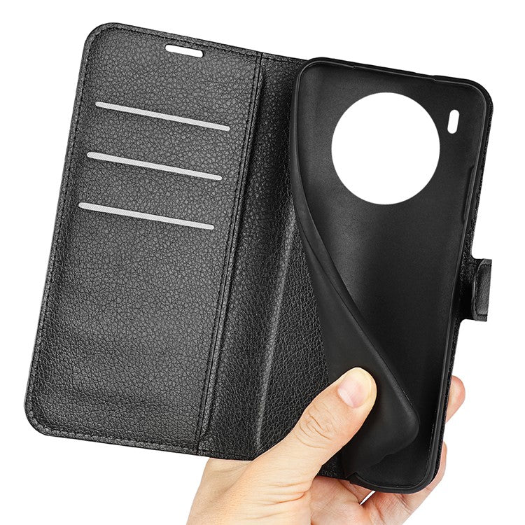 Shockproof PU Leather Coated TPU Mobile Phone Case Litchi Texture Stand Wallet Flip Protective Phone Cover for Huawei nova 8i/Honor 50 Lite - Black
