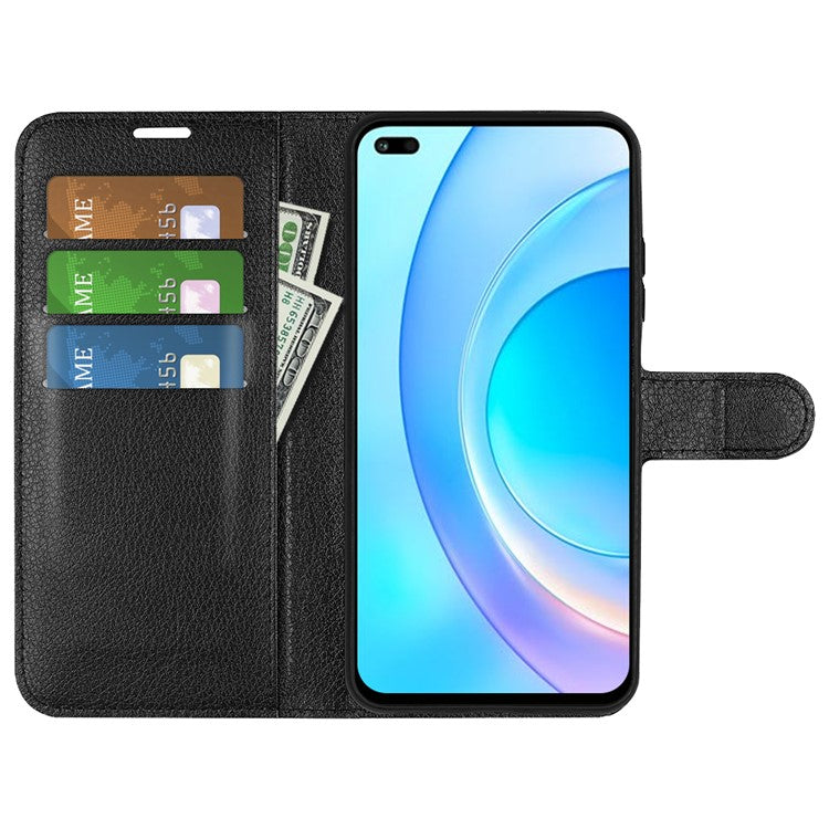 Shockproof PU Leather Coated TPU Mobile Phone Case Litchi Texture Stand Wallet Flip Protective Phone Cover for Huawei nova 8i/Honor 50 Lite - Black