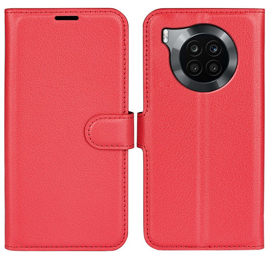 Shockproof PU Leather Coated TPU Mobile Phone Case Litchi Texture Stand Wallet Flip Protective Phone Cover for Huawei nova 8i/Honor 50 Lite - Red