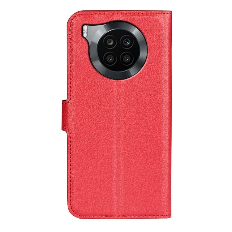 Shockproof PU Leather Coated TPU Mobile Phone Case Litchi Texture Stand Wallet Flip Protective Phone Cover for Huawei nova 8i/Honor 50 Lite - Red