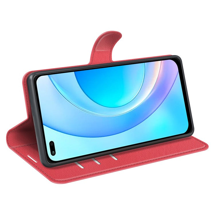 Shockproof PU Leather Coated TPU Mobile Phone Case Litchi Texture Stand Wallet Flip Protective Phone Cover for Huawei nova 8i/Honor 50 Lite - Red