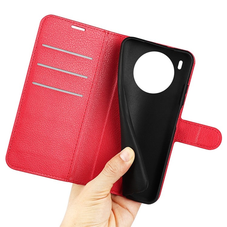 Shockproof PU Leather Coated TPU Mobile Phone Case Litchi Texture Stand Wallet Flip Protective Phone Cover for Huawei nova 8i/Honor 50 Lite - Red