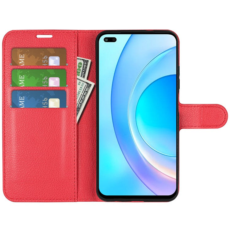 Shockproof PU Leather Coated TPU Mobile Phone Case Litchi Texture Stand Wallet Flip Protective Phone Cover for Huawei nova 8i/Honor 50 Lite - Red
