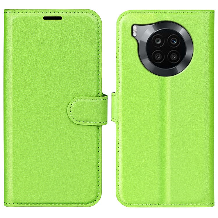 Shockproof PU Leather Coated TPU Mobile Phone Case Litchi Texture Stand Wallet Flip Protective Phone Cover for Huawei nova 8i/Honor 50 Lite - Green
