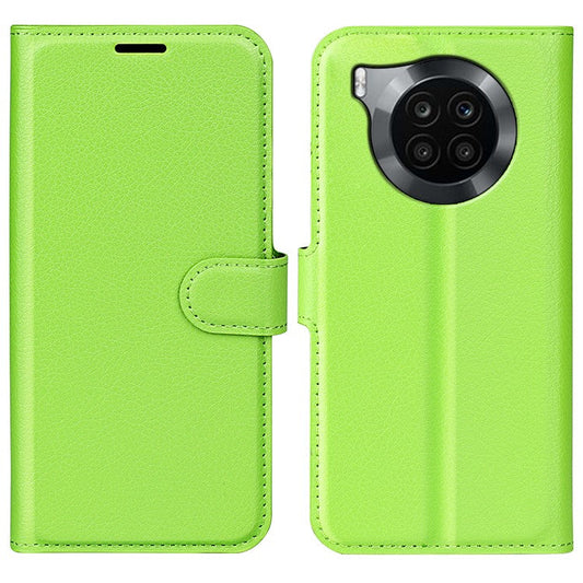 Shockproof PU Leather Coated TPU Mobile Phone Case Litchi Texture Stand Wallet Flip Protective Phone Cover for Huawei nova 8i/Honor 50 Lite - Green
