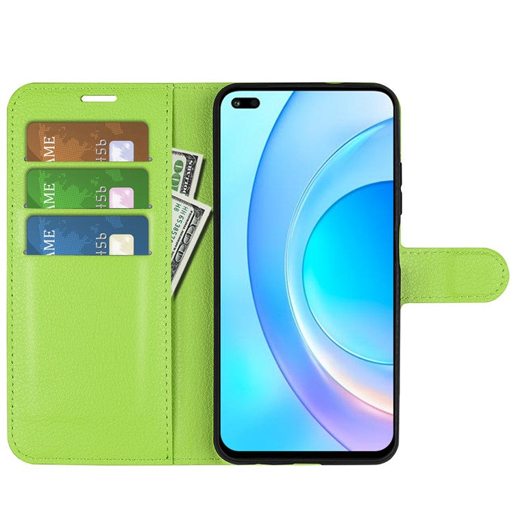 Shockproof PU Leather Coated TPU Mobile Phone Case Litchi Texture Stand Wallet Flip Protective Phone Cover for Huawei nova 8i/Honor 50 Lite - Green