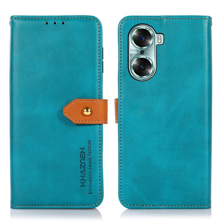 KHAZNEH Magnetic Golden Clasp PU Leather Shockproof TPU Shell Stand Flip Wallet Phone Cover for Honor 60 - Blue