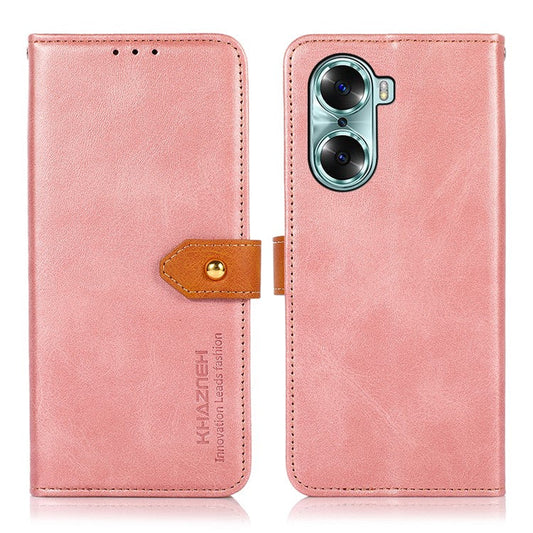 KHAZNEH Magnetic Golden Clasp PU Leather Shockproof TPU Shell Stand Flip Wallet Phone Cover for Honor 60 - Rose Gold