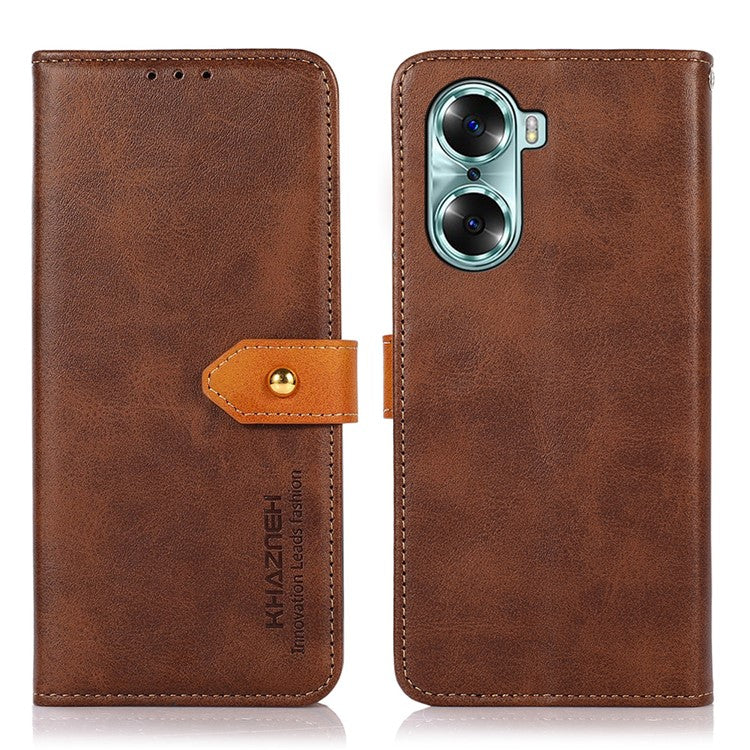 KHAZNEH Magnetic Golden Clasp PU Leather Shockproof TPU Shell Stand Flip Wallet Phone Cover for Honor 60 - Brown