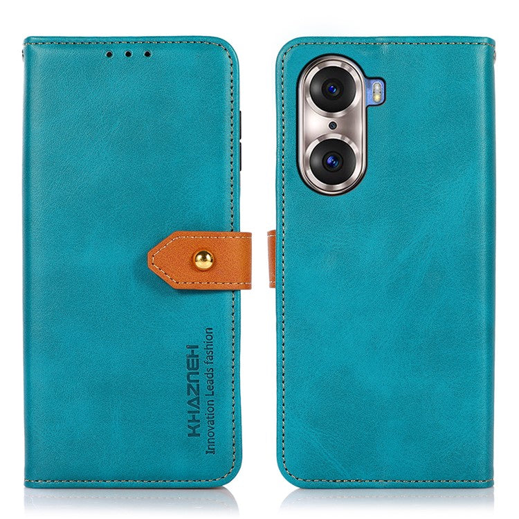 KHAZNEH Bi-color Stylish Anti-fall Magnetic Golden Clasp Stand PU Leather + TPU Case with Wallet for Honor 60 Pro - Blue