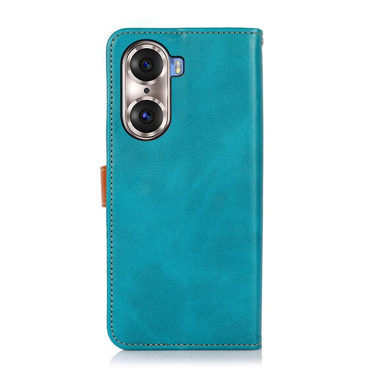 KHAZNEH Bi-color Stylish Anti-fall Magnetic Golden Clasp Stand PU Leather + TPU Case with Wallet for Honor 60 Pro - Blue