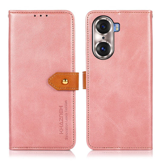 KHAZNEH Bi-color Stylish Anti-fall Magnetic Golden Clasp Stand PU Leather + TPU Case with Wallet for Honor 60 Pro - Rose Gold