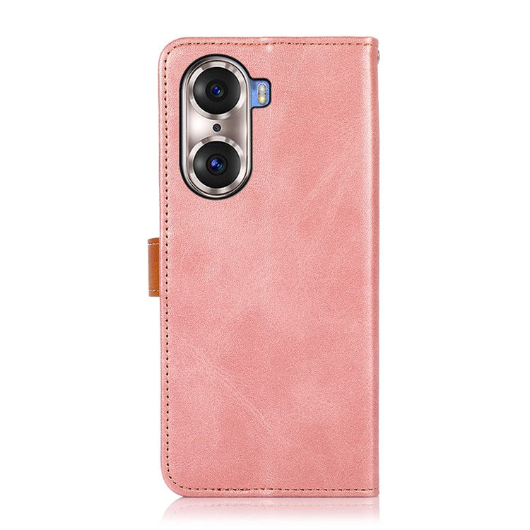 KHAZNEH Bi-color Stylish Anti-fall Magnetic Golden Clasp Stand PU Leather + TPU Case with Wallet for Honor 60 Pro - Rose Gold