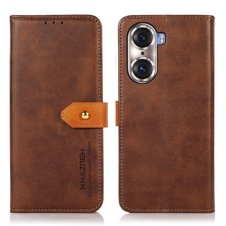 KHAZNEH Bi-color Stylish Anti-fall Magnetic Golden Clasp Stand PU Leather + TPU Case with Wallet for Honor 60 Pro - Brown