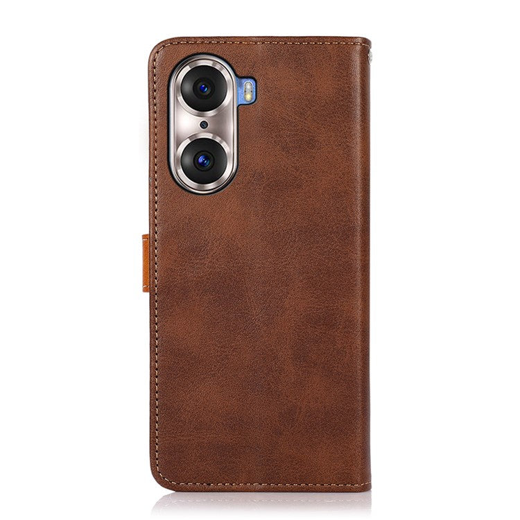 KHAZNEH Bi-color Stylish Anti-fall Magnetic Golden Clasp Stand PU Leather + TPU Case with Wallet for Honor 60 Pro - Brown
