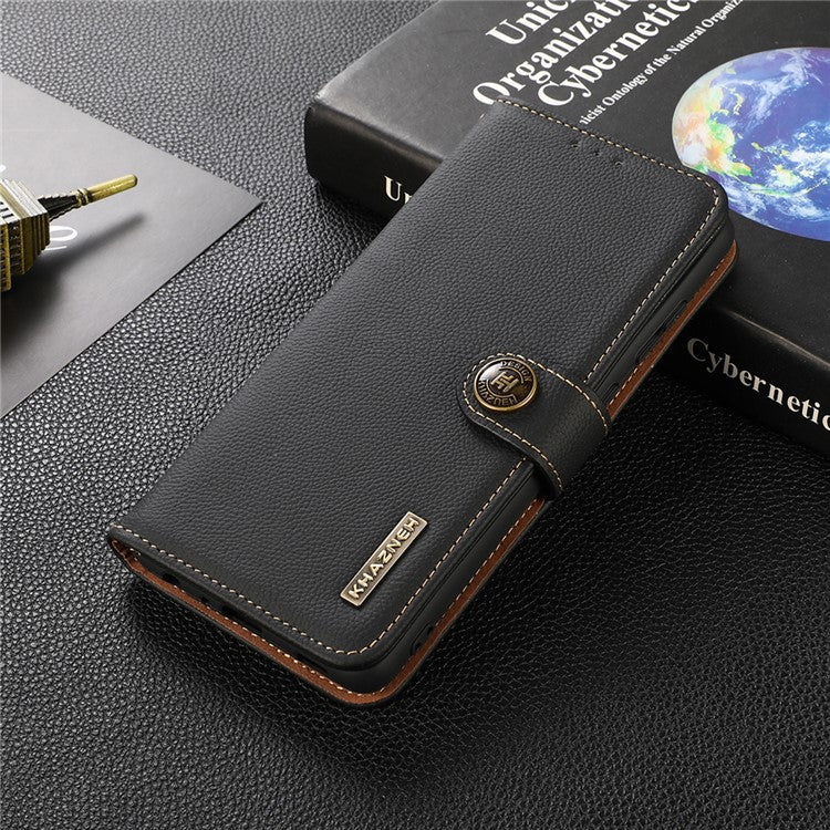 KHAZNEH Top Layer Genuine Leather Phone Case Stand RFID Blocking Wallet Magnetic Cover for Honor 60 Pro - Black