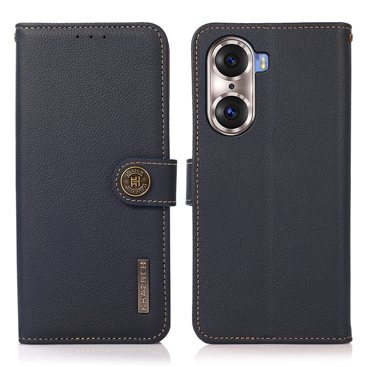 KHAZNEH Top Layer Genuine Leather Phone Case Stand RFID Blocking Wallet Magnetic Cover for Honor 60 Pro - Blue
