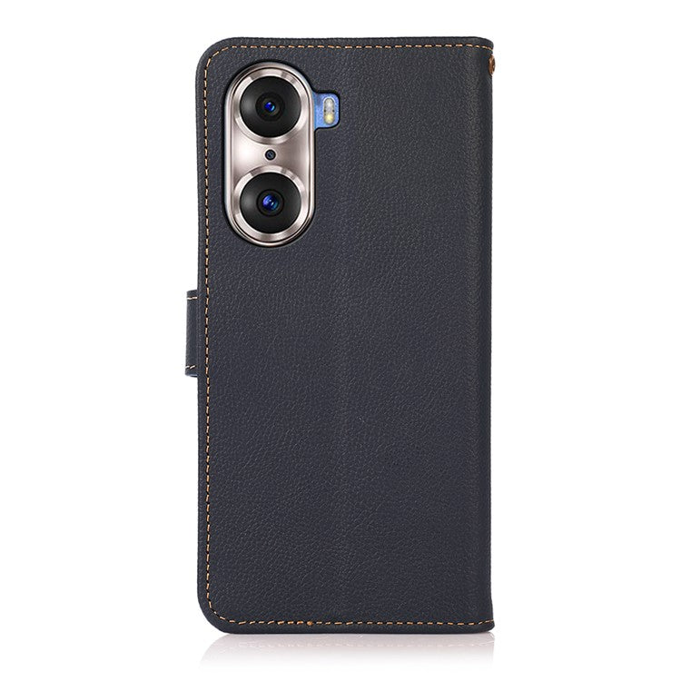 KHAZNEH Top Layer Genuine Leather Phone Case Stand RFID Blocking Wallet Magnetic Cover for Honor 60 Pro - Blue