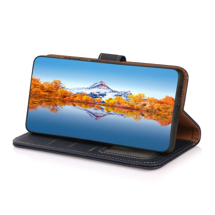 KHAZNEH Top Layer Genuine Leather Phone Case Stand RFID Blocking Wallet Magnetic Cover for Honor 60 Pro - Blue