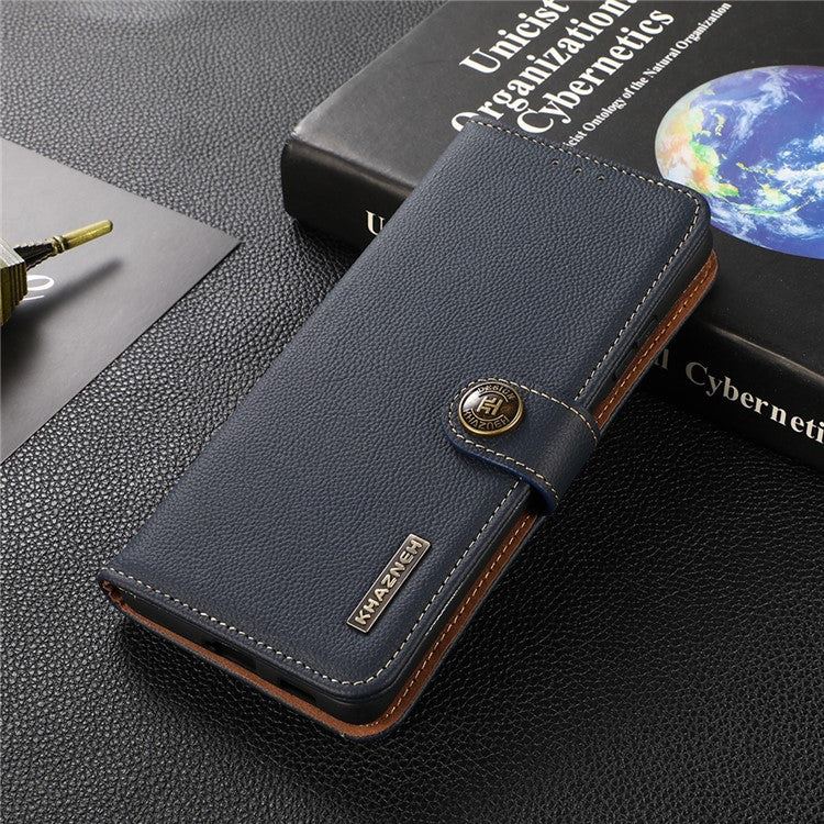 KHAZNEH Top Layer Genuine Leather Phone Case Stand RFID Blocking Wallet Magnetic Cover for Honor 60 Pro - Blue