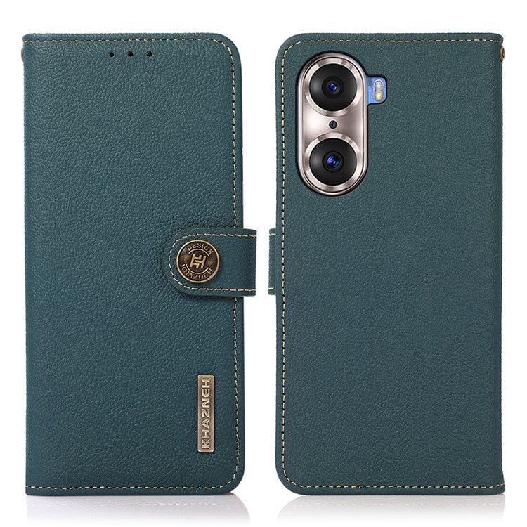 KHAZNEH Top Layer Genuine Leather Phone Case Stand RFID Blocking Wallet Magnetic Cover for Honor 60 Pro - Green
