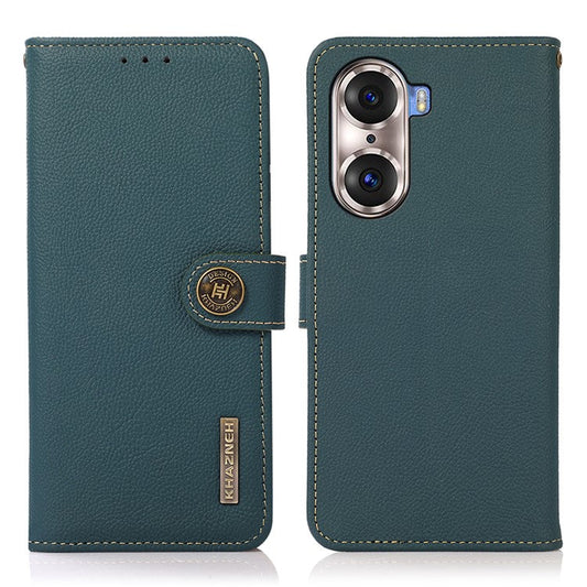 KHAZNEH Top Layer Genuine Leather Phone Case Stand RFID Blocking Wallet Magnetic Cover for Honor 60 Pro - Green