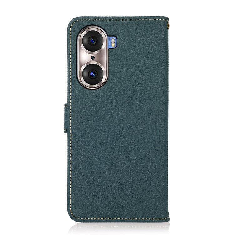 KHAZNEH Top Layer Genuine Leather Phone Case Stand RFID Blocking Wallet Magnetic Cover for Honor 60 Pro - Green