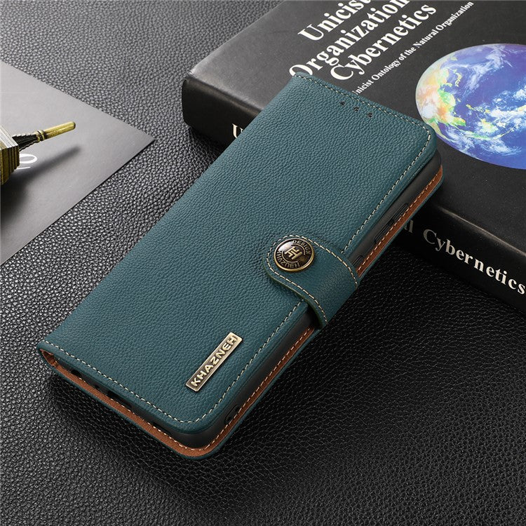 KHAZNEH Top Layer Genuine Leather Phone Case Stand RFID Blocking Wallet Magnetic Cover for Honor 60 Pro - Green
