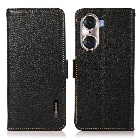 KHAZNEH Protective TPU Inner Shell Litchi Texture Genuine Leather RFID Blocking Wallet Stand Cover for Honor 60 Pro - Black