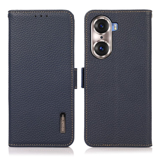 KHAZNEH Protective TPU Inner Shell Litchi Texture Genuine Leather RFID Blocking Wallet Stand Cover for Honor 60 Pro - Blue