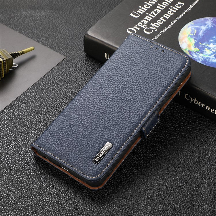 KHAZNEH Protective TPU Inner Shell Litchi Texture Genuine Leather RFID Blocking Wallet Stand Cover for Honor 60 Pro - Blue