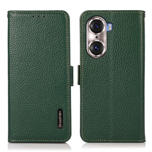 KHAZNEH Protective TPU Inner Shell Litchi Texture Genuine Leather RFID Blocking Wallet Stand Cover for Honor 60 Pro - Green