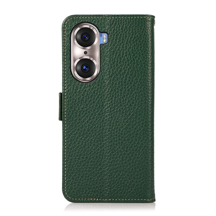KHAZNEH Protective TPU Inner Shell Litchi Texture Genuine Leather RFID Blocking Wallet Stand Cover for Honor 60 Pro - Green