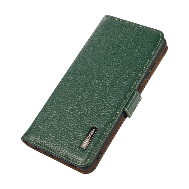 KHAZNEH Protective TPU Inner Shell Litchi Texture Genuine Leather RFID Blocking Wallet Stand Cover for Honor 60 Pro - Green