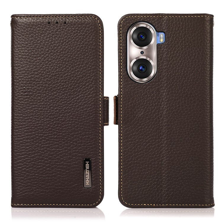 KHAZNEH Protective TPU Inner Shell Litchi Texture Genuine Leather RFID Blocking Wallet Stand Cover for Honor 60 Pro - Brown