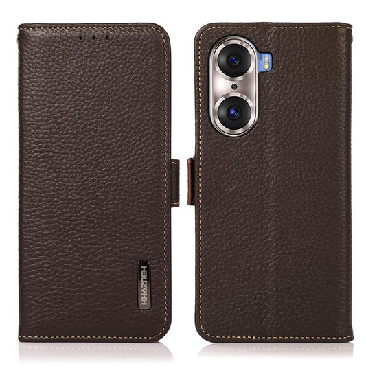 KHAZNEH Protective TPU Inner Shell Litchi Texture Genuine Leather RFID Blocking Wallet Stand Cover for Honor 60 Pro - Brown