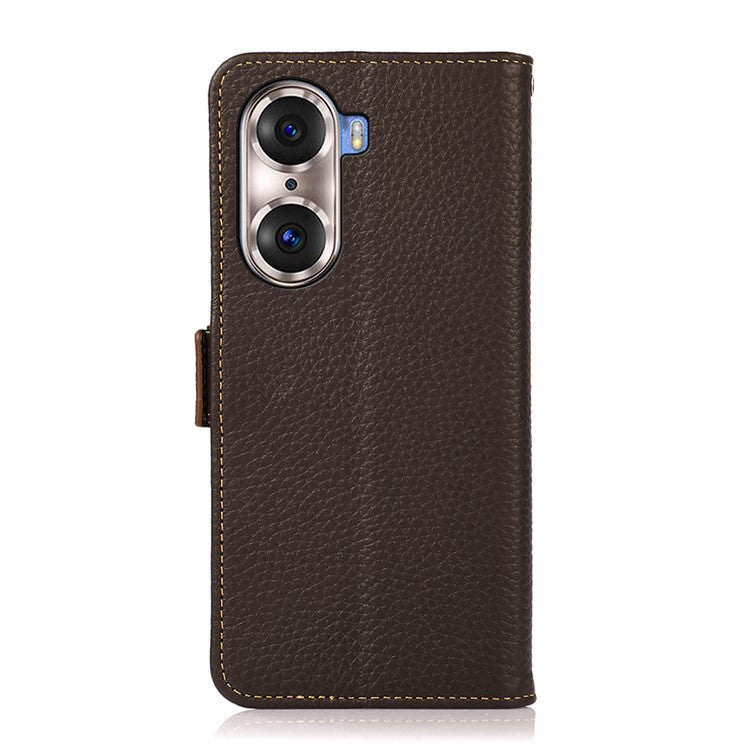 KHAZNEH Protective TPU Inner Shell Litchi Texture Genuine Leather RFID Blocking Wallet Stand Cover for Honor 60 Pro - Brown