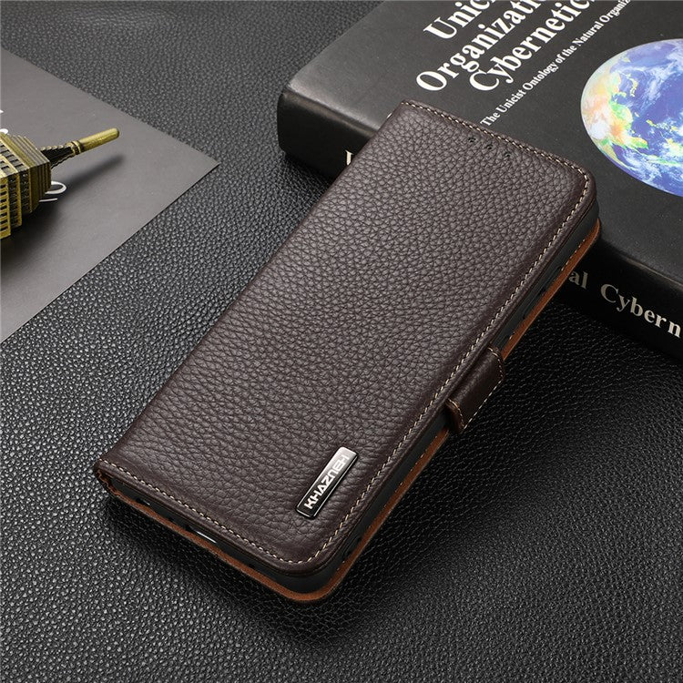KHAZNEH Protective TPU Inner Shell Litchi Texture Genuine Leather RFID Blocking Wallet Stand Cover for Honor 60 Pro - Brown