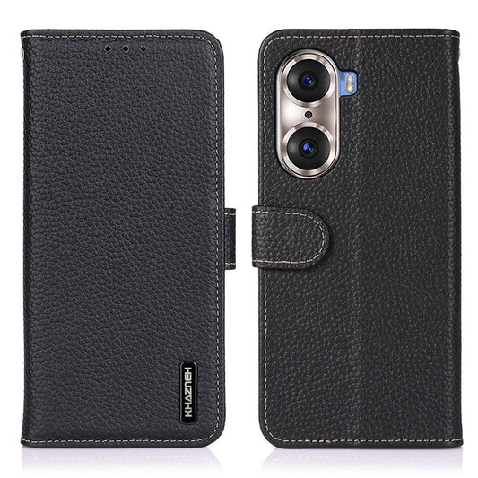 KHAZNEH Full Stylish Litchi Texture Wallet Case Genuine Leather Folio Flip Stand Cover for Honor 60 Pro - Black