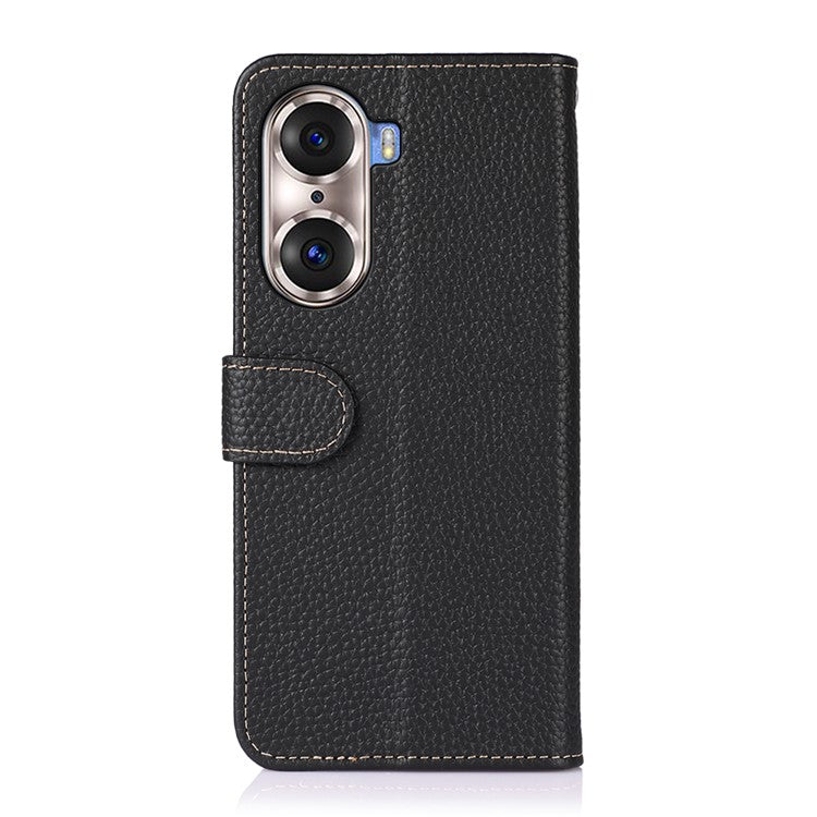 KHAZNEH Full Stylish Litchi Texture Wallet Case Genuine Leather Folio Flip Stand Cover for Honor 60 Pro - Black