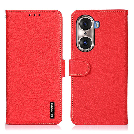 KHAZNEH Full Stylish Litchi Texture Wallet Case Genuine Leather Folio Flip Stand Cover for Honor 60 Pro - Red
